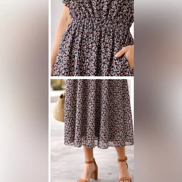 Floral V-Neck Midi Dress in Black and Pink - Picture 7 of 9